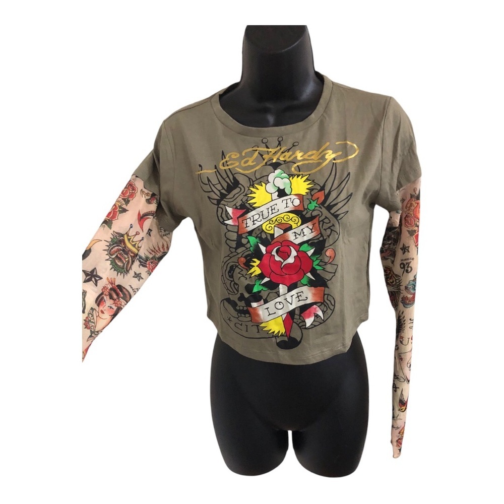 Ed Hardy ‘true to my love’ olive green sheer mesh tatoo long sleeves top size XL